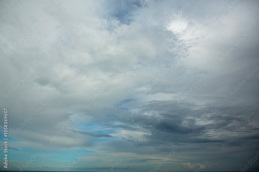 Sky blue, cloudy background, Horizon, Clear spring sky in the morning on the beach, panoramic banner on the background of white clouds over the blue ocean