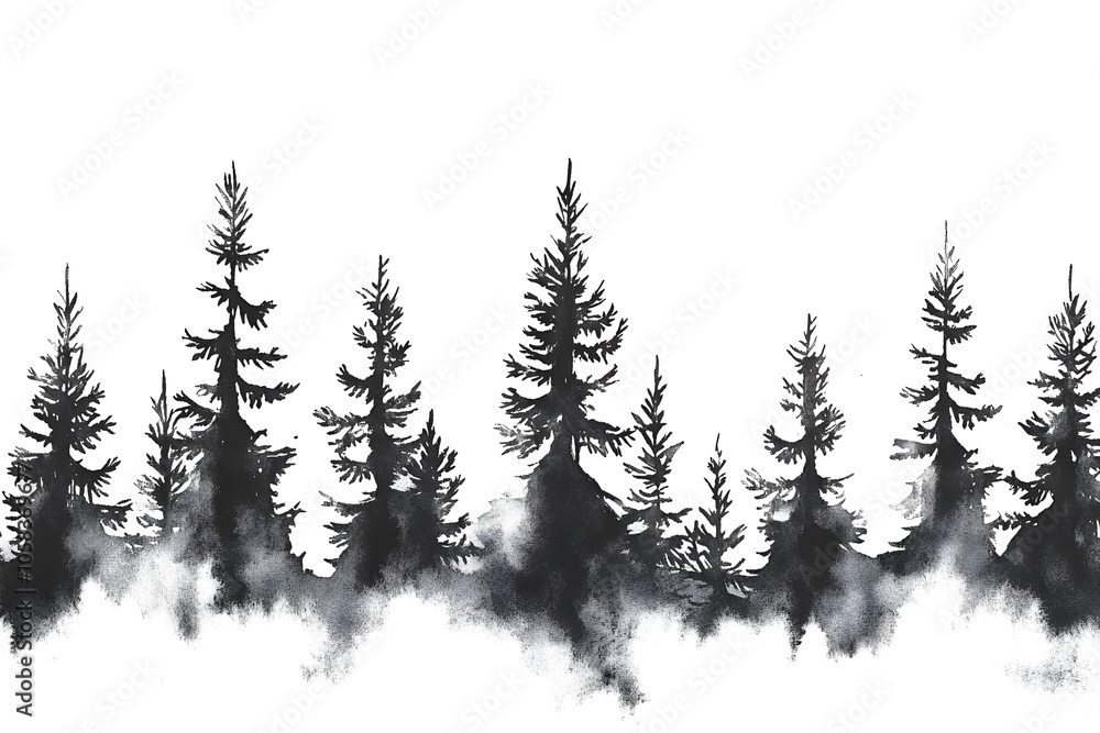 Fototapeta premium lack and White Pine Tree Watercolor Border with Misty Effect on white and transparent background.