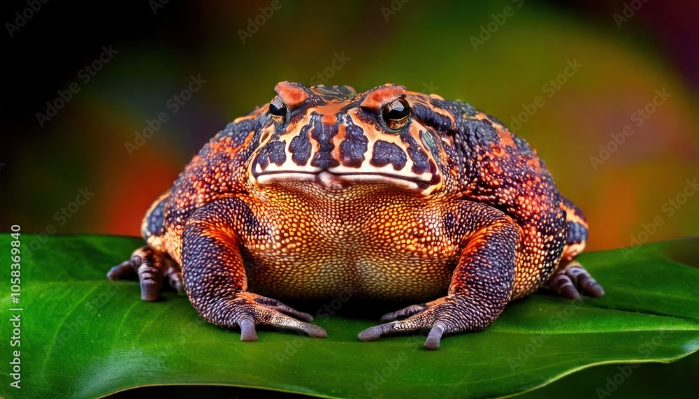 Fototapeta premium Mystic portrait of Yellow Harlequin Toad on leave, full body view blurry leaf's background