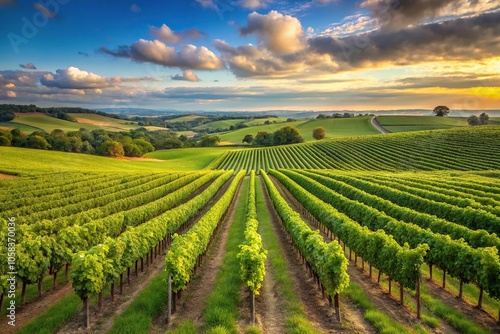 A panoramic view of a sprawling vineyard with rows of vines and grapevines stretching as far as the eye can see, rolling hills, crops, outdoors