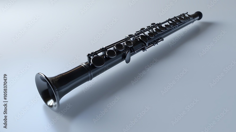 Fototapeta premium A glossy black clarinet placed on a clean white surface, highlighting its smooth curves and intricate keys.