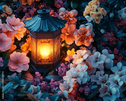 A glowing lantern amidst an array of diverse flowers representing cultural richness and womena??s resilience photo