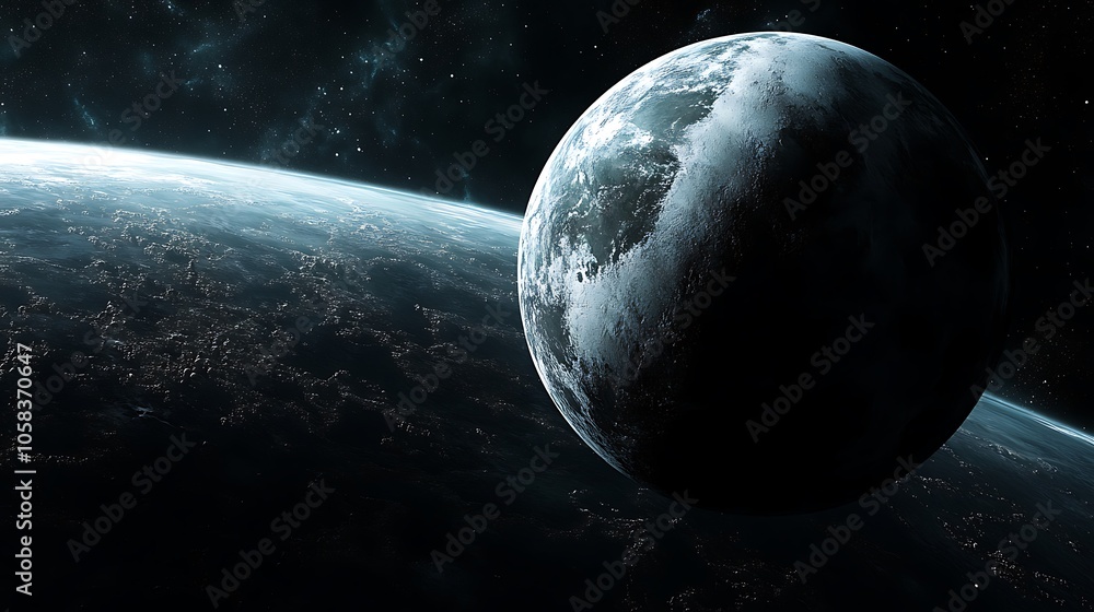 Obraz premium A celestial body orbits a distant planet, showcasing the vastness and mystery of space