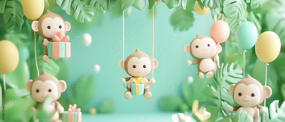 Obraz premium Playful Monkey Friends Celebrate in Lush Green Jungle.