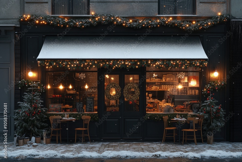 Cozy christmas cafe displaying festive decorations during a gentle snowfall Cozy christmas cafe displaying festive decorations during a gentle snowfall