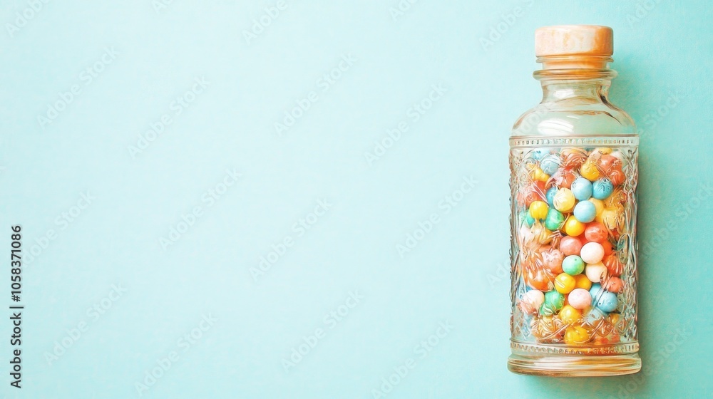Colorful candies in a glass bottle on a pastel background. Colorful candies in a glass bottle on a pastel background.