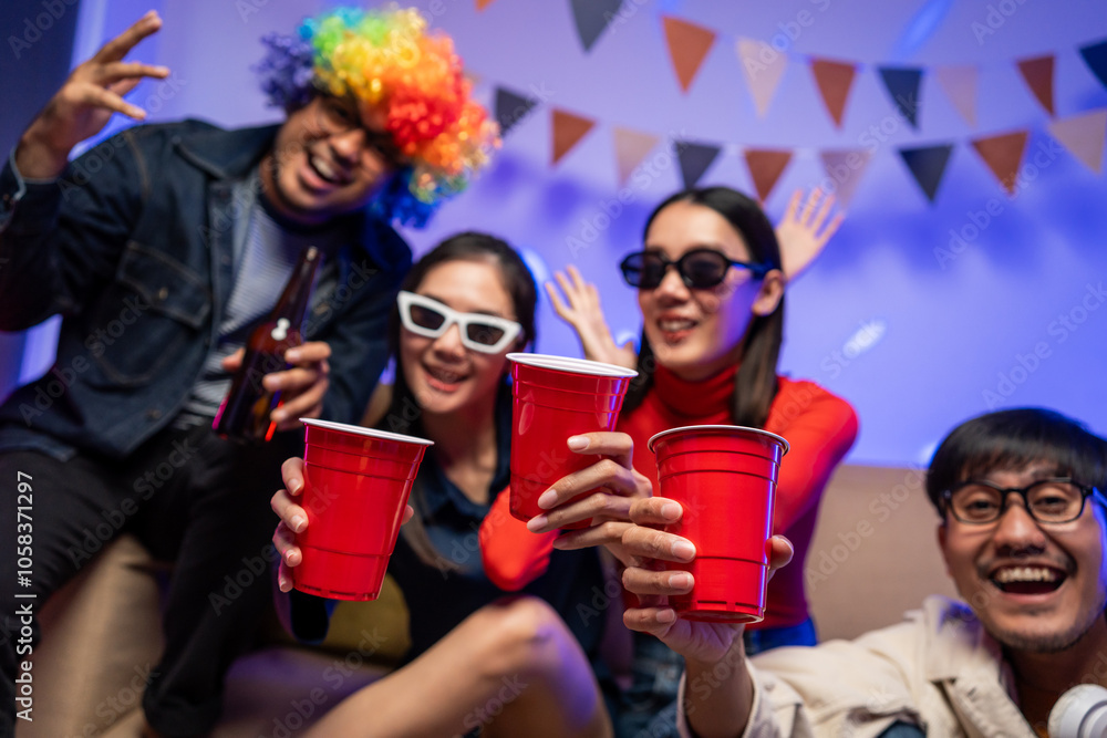 Obraz premium New Year's Party. Group of asian friend party in the house with disco light having fun and dancing together. Enjoy Singing karaoke listening music drinking beer celebration in new year happy hour.
