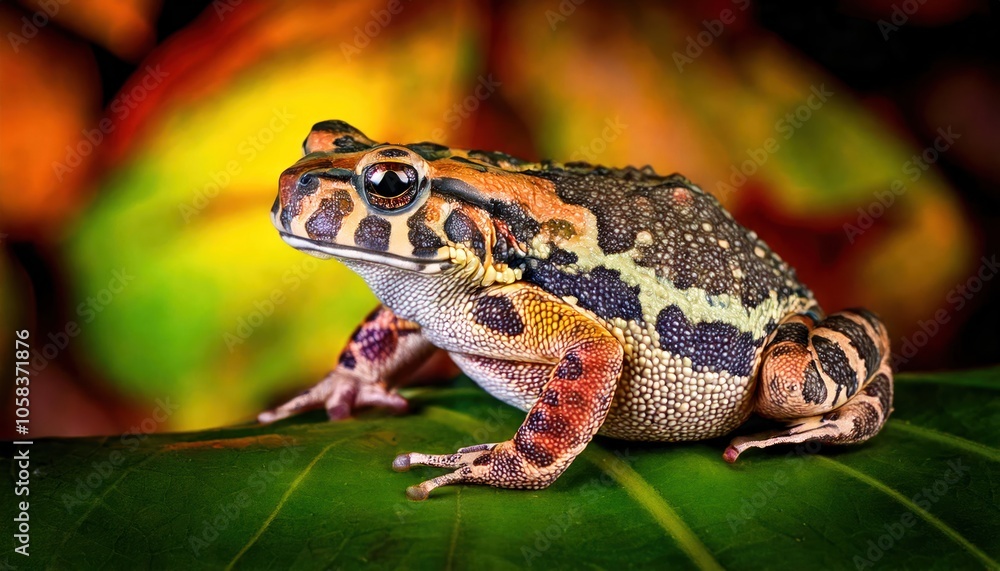 Obraz premium Mystic portrait of Yellow Harlequin Toad on leave, full body view blurry leaf's background 