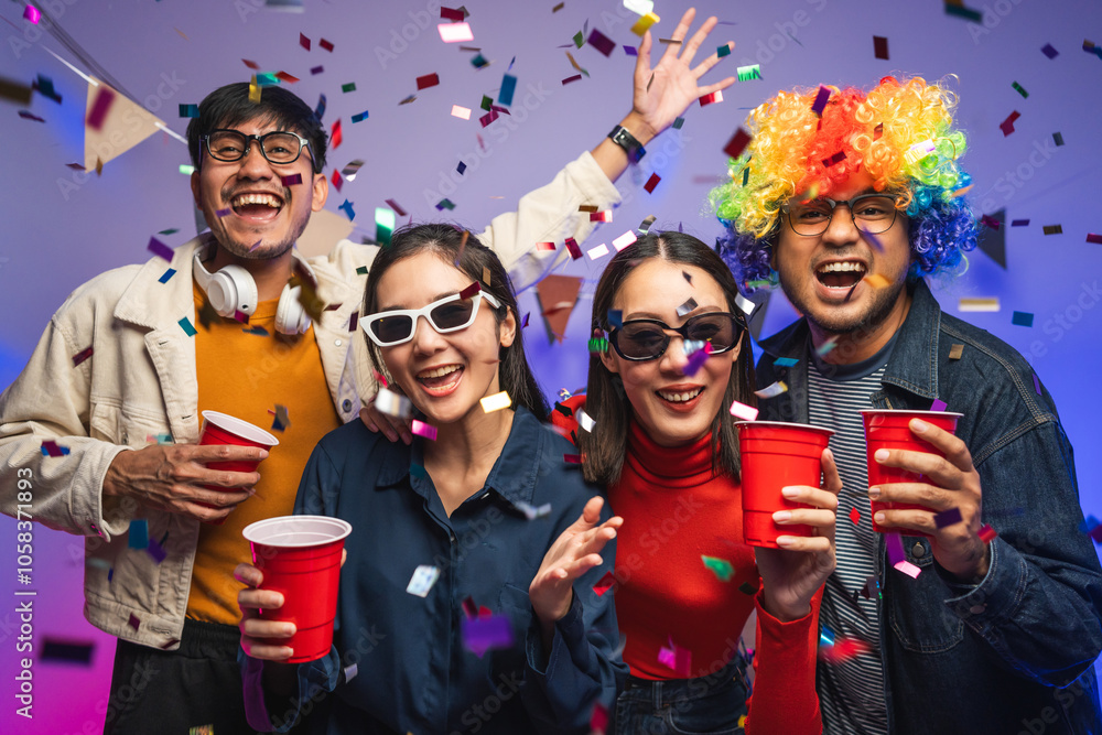 Fototapeta premium New Year's Party. Group of asian friend party in the house with disco light having fun and dancing together. Enjoy Singing karaoke listening music drinking beer celebration in new year happy hour.
