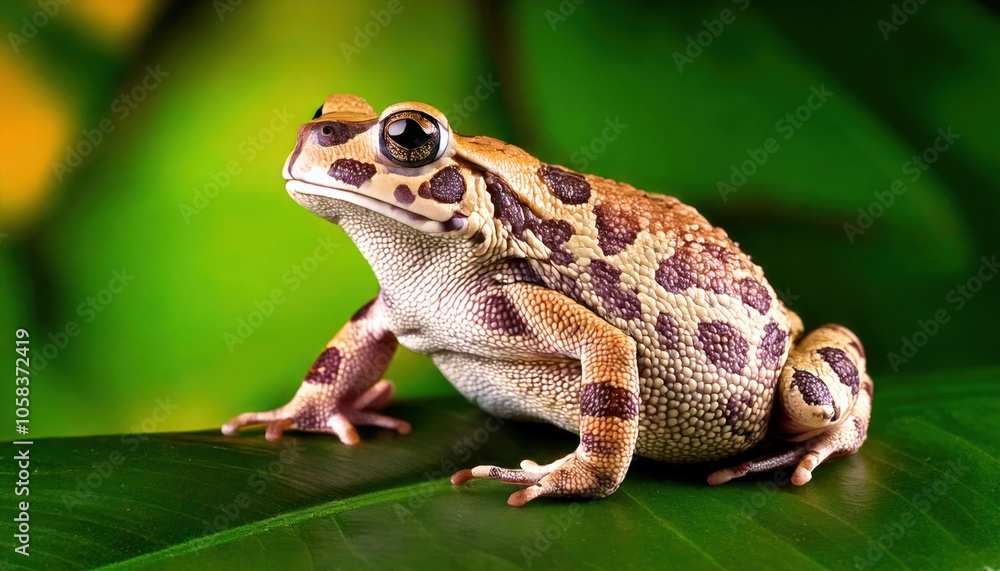 Mystic portrait of Yellow Harlequin Toad on leave, full body view blurry leaf's background Mystic portrait of Yellow Harlequin Toad on leave, full body view blurry leaf's background