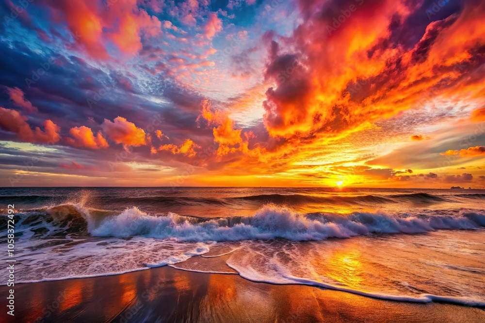 A dramatic sunset scene with vibrant hues of orange and pink paint the sky as waves crash against the shore in the background, landscape, ocean, tropical, colors, beach A dramatic sunset scene with vibrant hues of orange and pink paint the sky as waves crash against the shore in the background, landscape, ocean, tropical, colors, beach