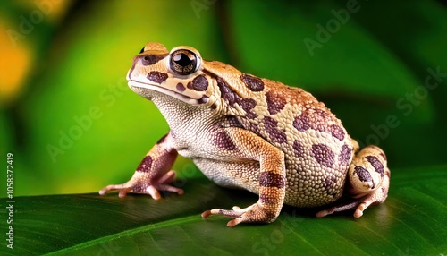 Mystic portrait of Yellow Harlequin Toad on leave, full body view blurry leaf's background  photo