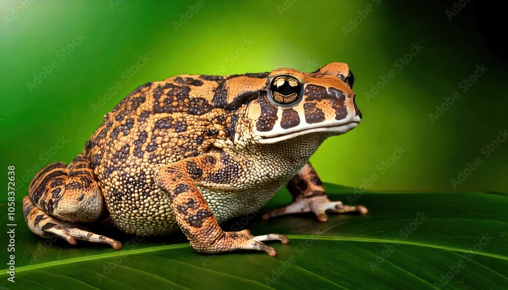 Mystic portrait of Yellow Harlequin Toad on leave, full body view blurry leaf's background Mystic portrait of Yellow Harlequin Toad on leave, full body view blurry leaf's background