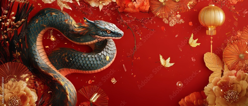 Design a vibrant and festive illustration for the Chinese New Year featuring a majestic snake entwined around traditional symbols of prosperity and good fortune, set against a rich red backdrop Design a vibrant and festive illustration for the Chinese New Year featuring a majestic snake entwined around traditional symbols of prosperity and good fortune, set against a rich red backdrop