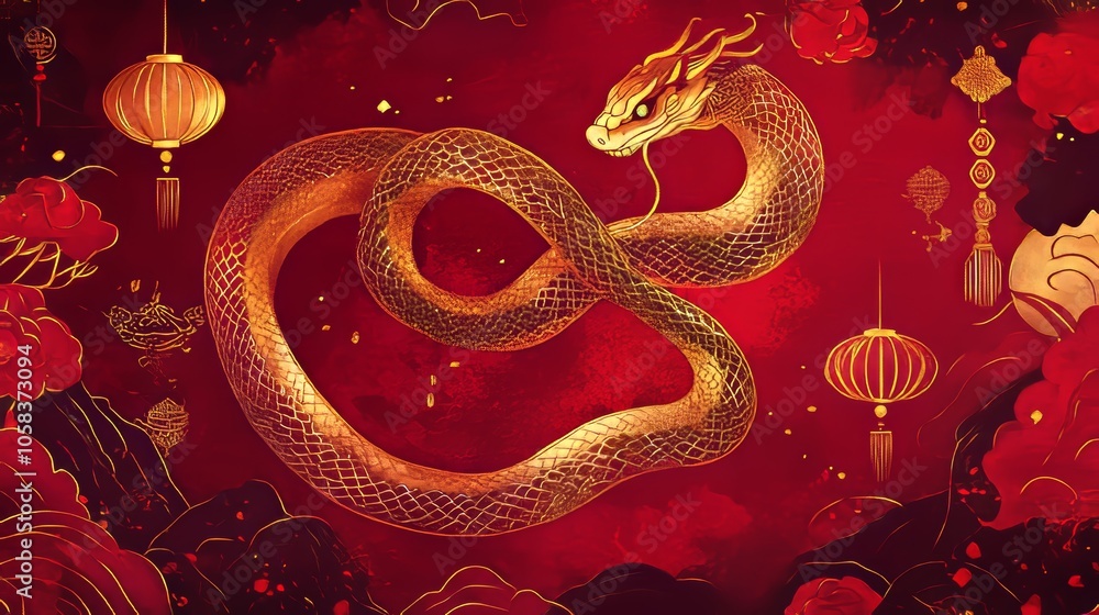 Design a vibrant and festive illustration for the Chinese New Year featuring a majestic snake entwined around traditional symbols of prosperity and good fortune, set against a rich red backdrop Design a vibrant and festive illustration for the Chinese New Year featuring a majestic snake entwined around traditional symbols of prosperity and good fortune, set against a rich red backdrop