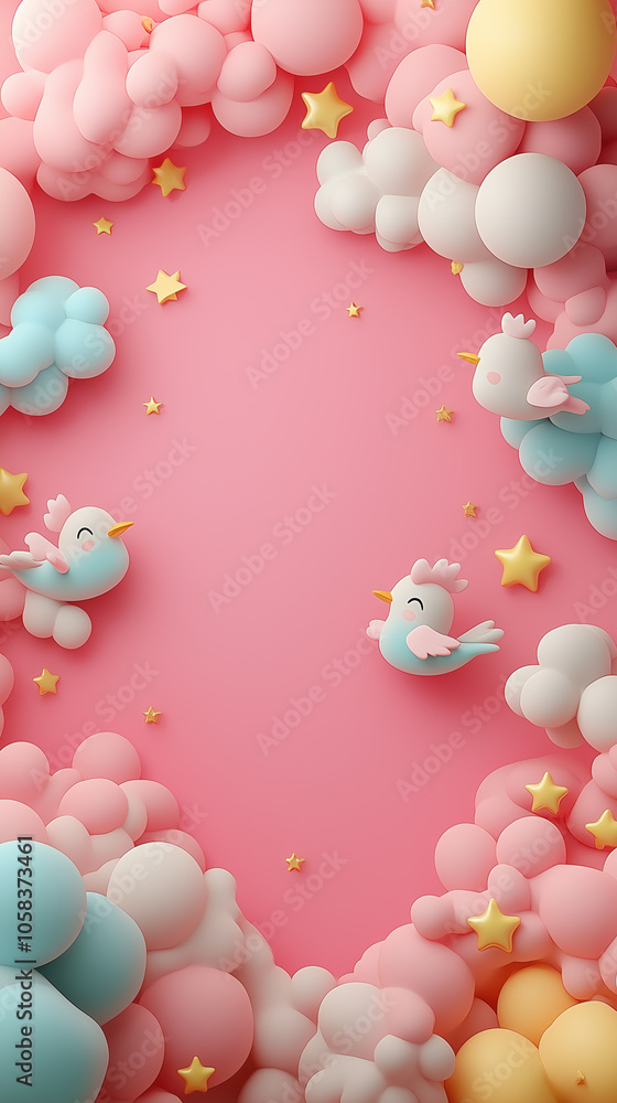 Flying Birds Amongst Pink Fluffy Clouds and Stars. Flying Birds Amongst Pink Fluffy Clouds and Stars.