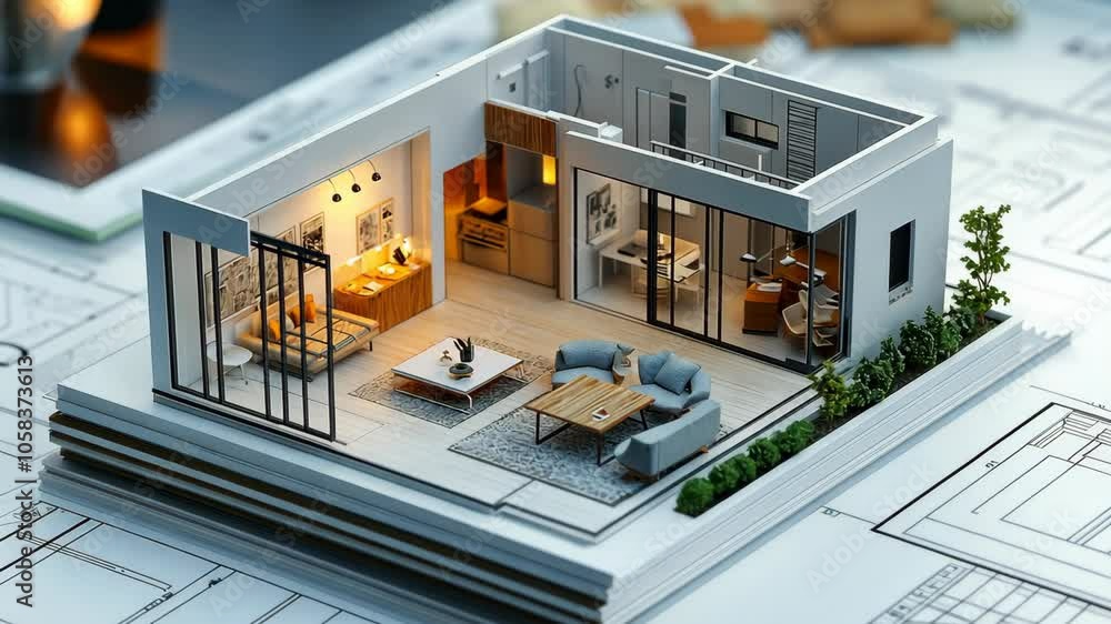A small scale model of a home sits on top of a blueprint, showcasing the design and layout