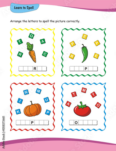 Learn to spell worksheet for preschoolers. This worksheet is designed to help young learners in nursery and kindergarten improve their spelling of words such as carrot, pepper, pumpkin and tomato. photo