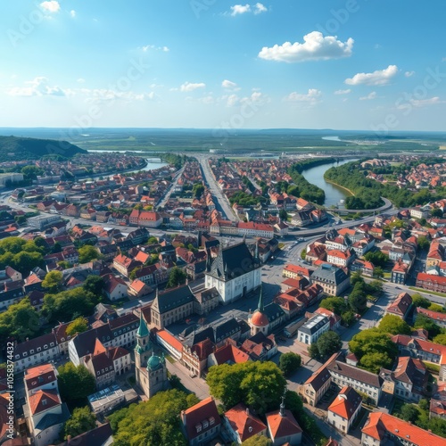 The drone aerial view of new town hall and old town of leipzig germany aerial city Ultra realistic Photorealistic  photo