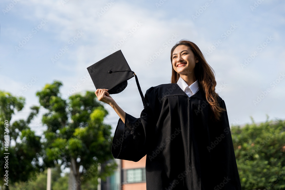 Happy asian woman in graduation costume with cap standing outdoor public park. College degree successful education graduation in university. Happy asian woman in graduation costume with cap standing outdoor public park. College degree successful education graduation in university.