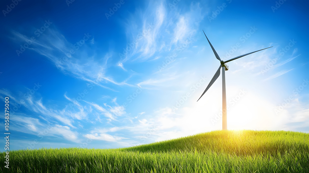 Fototapeta premium wind turbine stands tall on grassy hill under bright blue sky