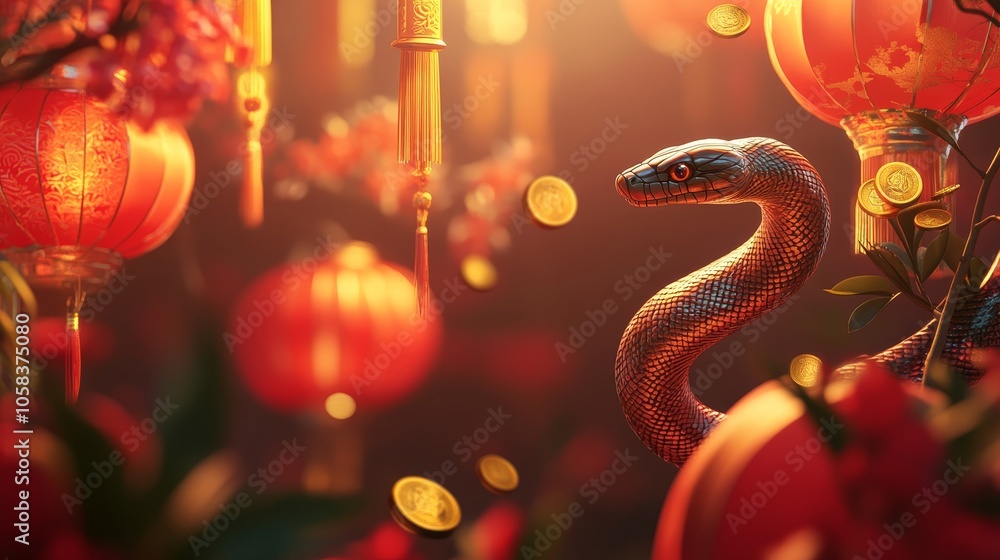 Design an elegant copy space background for Chinese New Year featuring the Shio Snake, subtly coiled along the edge of the frame amidst glowing red lanterns, golden coins Design an elegant copy space background for Chinese New Year featuring the Shio Snake, subtly coiled along the edge of the frame amidst glowing red lanterns, golden coins