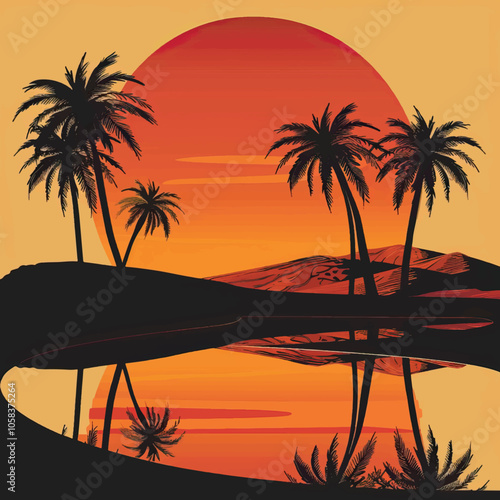 A desert oasis with palm trees. silhouette illustration