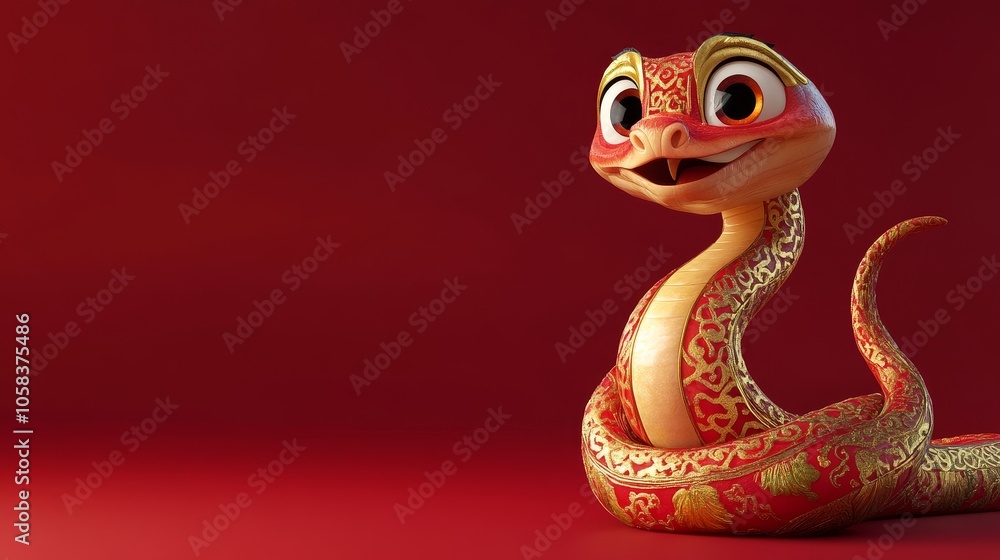 A charming Chinese snake set against a red background with a festive vibe. The snake has gold decorations and patterns on its body, large expressive eyes, a smiling face with two visible fangs A charming Chinese snake set against a red background with a festive vibe. The snake has gold decorations and patterns on its body, large expressive eyes, a smiling face with two visible fangs
