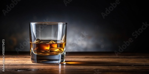 Close-up of a whiskey glass with a single drop of liquor at the bottom, optical effects, macro photography, physics, chemistry