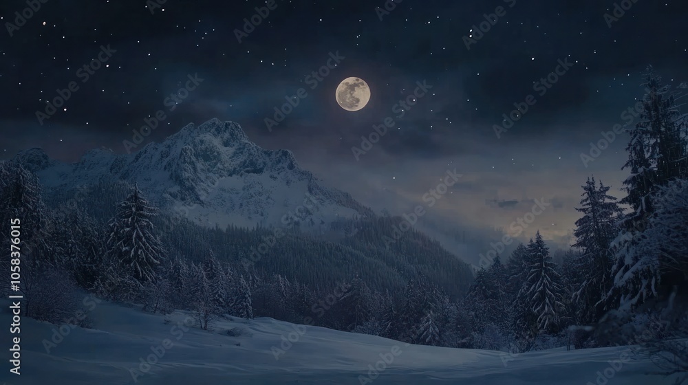 Snowy Mountain Landscape Under a Full Moon Snowy Mountain Landscape Under a Full Moon