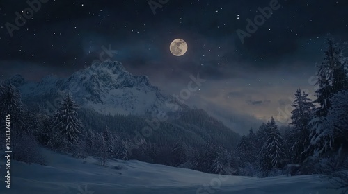 Snowy Mountain Landscape Under a Full Moon