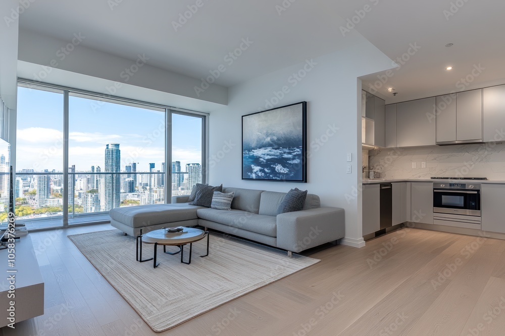 Fototapeta premium Sunlit City Living: Luxury Interior Design for Modern Living Room with Stunning Views