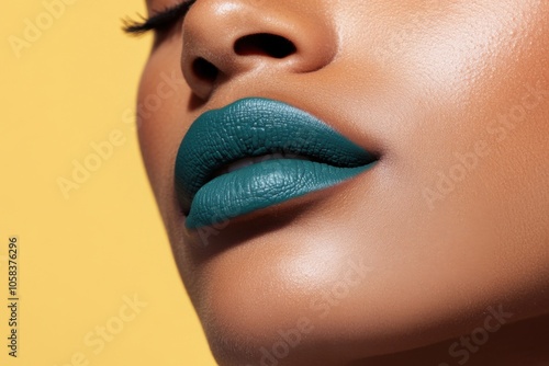 Close-up of woman wearing dark green lipstick on yellow background photo