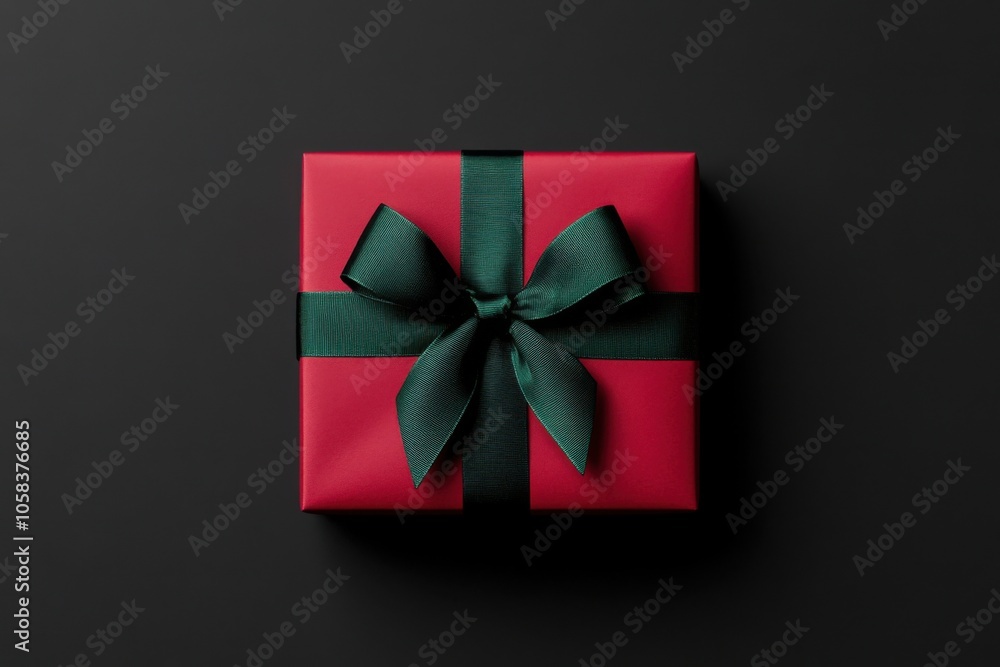 Elegant red gift box wrapped with green ribbon on black background Elegant red gift box wrapped with green ribbon on black background