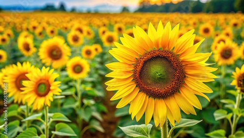 Bright yellow sunflower field in full bloom with tall stems and vibrant petals, landscape, trees