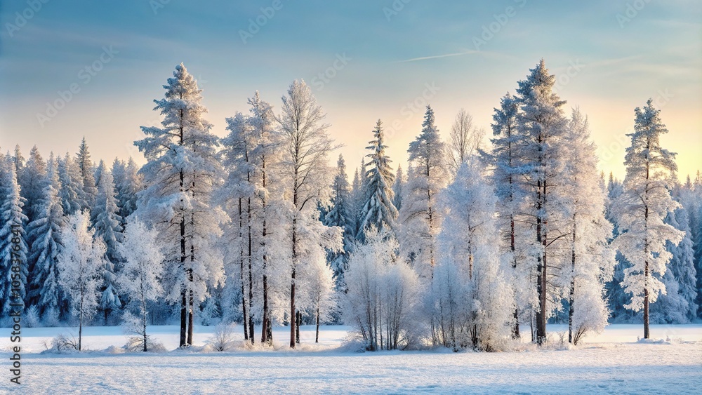 Naklejka premium Boreal forest trees stand frozen in time, their branches etched against the pale winter sky, tree silhouette, frozen lake, barren, cold climate, evergreen