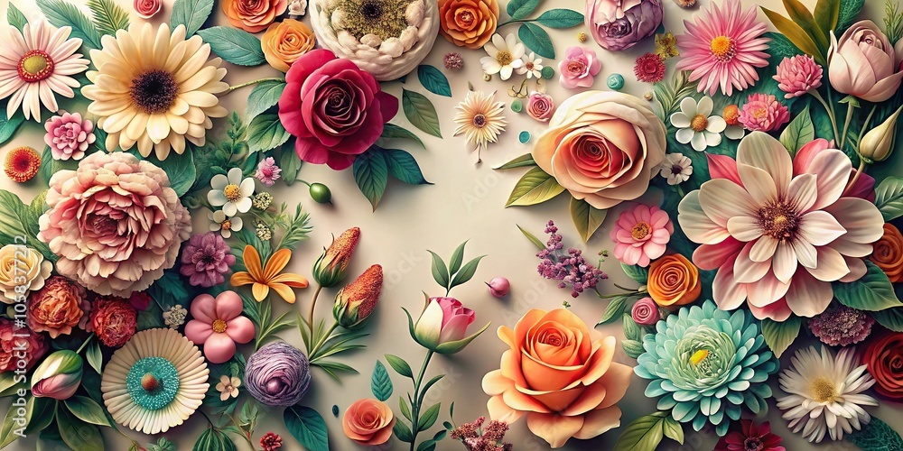Beautifully crafted floral pattern featuring various shapes and sizes of flowers in a unique composition, renewal, patterns, floral Beautifully crafted floral pattern featuring various shapes and sizes of flowers in a unique composition, renewal, patterns, floral