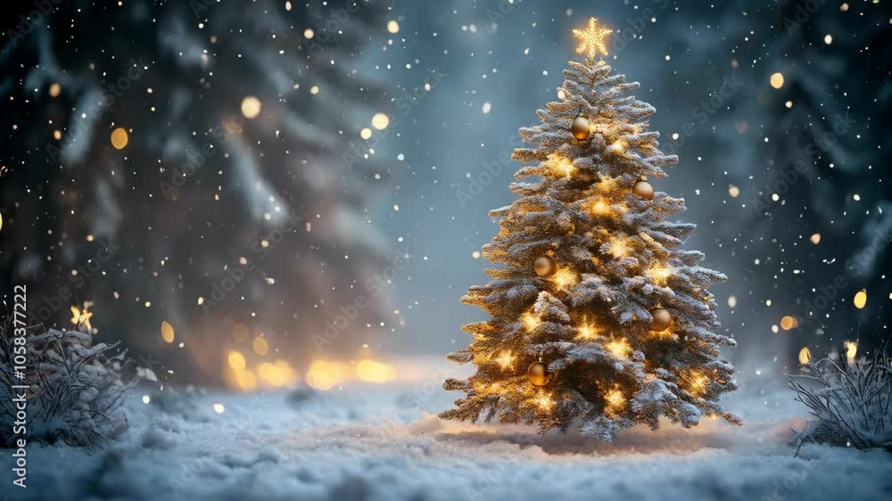 Majestic Christmas tree with golden ornaments amid gently falling snowflakes creates enchanting holiday scene, perfect for seasonal greeting cards, winter retail displays, and festive social media con Majestic Christmas tree with golden ornaments amid gently falling snowflakes creates enchanting holiday scene, perfect for seasonal greeting cards, winter retail displays, and festive social media con
