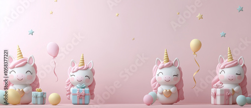 Happy Birthday Unicorn Party Celebration With Balloons And Gifts.