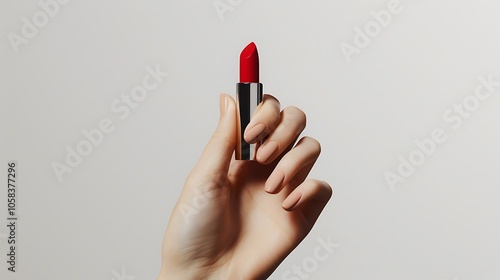 A human hand carefully holding a glossy red lipstick, isolated on a clean white background with realistic texture and shadow details.