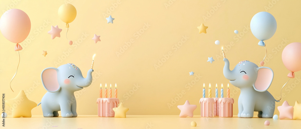 Two Cute Elephants Celebrate Birthday With Cake and Balloons. Two Cute Elephants Celebrate Birthday With Cake and Balloons.
