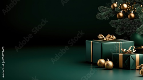 Golden Christmas Tree with Gifts & Baubles on Festive Greeting Card