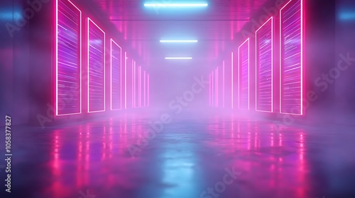 Exploring a futuristic neon corridor surrounded by haze and vibrant colors in a high-tech environment