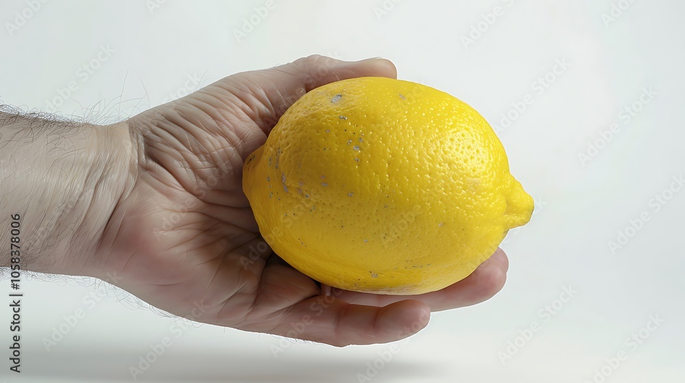 A human hand carefully holding a bright yellow lemon, with visible texture on both the fruit and skin, on a white backdrop. A human hand carefully holding a bright yellow lemon, with visible texture on both the fruit and skin, on a white backdrop.