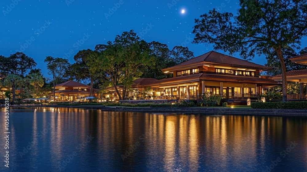 Luxury resort at night with lake reflections.