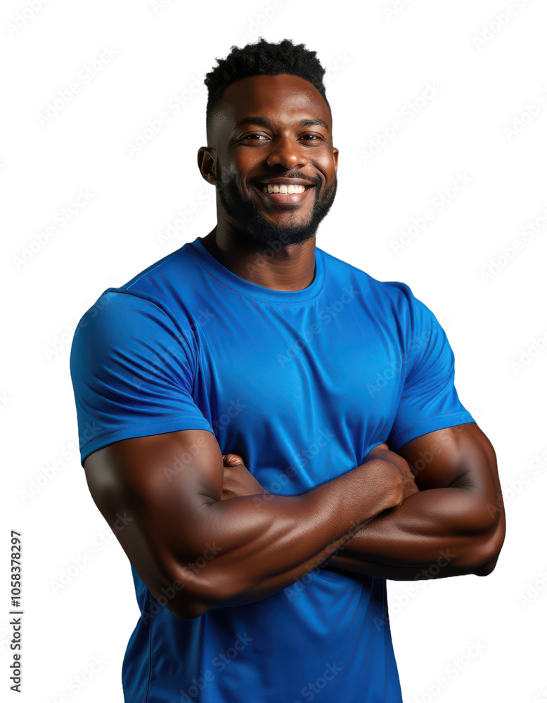Smiling African American muscular athlete standing with arms crossed, wearing an sports blue t-shirt, isolated on transparent background Smiling African American muscular athlete standing with arms crossed, wearing an sports blue t-shirt, isolated on transparent background