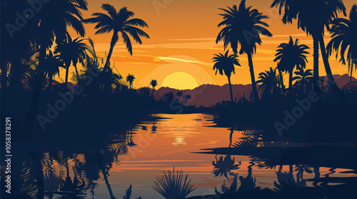 A desert oasis with palm trees. silhouette illustration