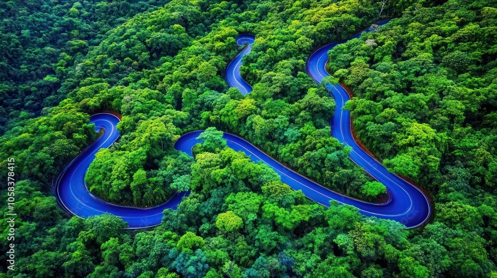An aerial view of a winding road through lush green forest. An aerial view of a winding road through lush green forest.