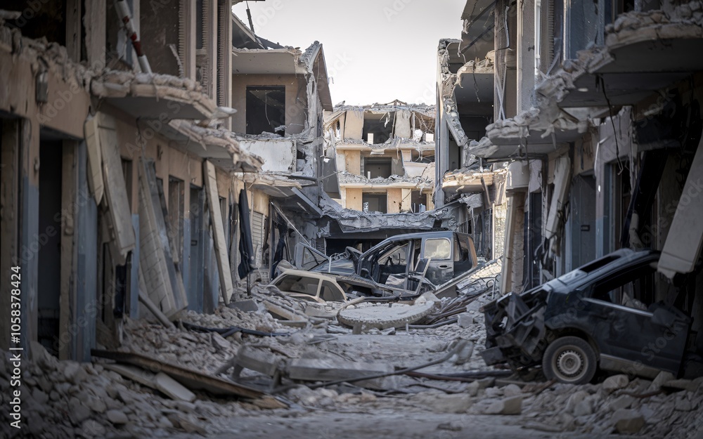 A haunting glimpse into the aftermath of conflict, where a once-bustling street now lies in ruin, its buildings scarred and its cars mangled. A haunting glimpse into the aftermath of conflict, where a once-bustling street now lies in ruin, its buildings scarred and its cars mangled.