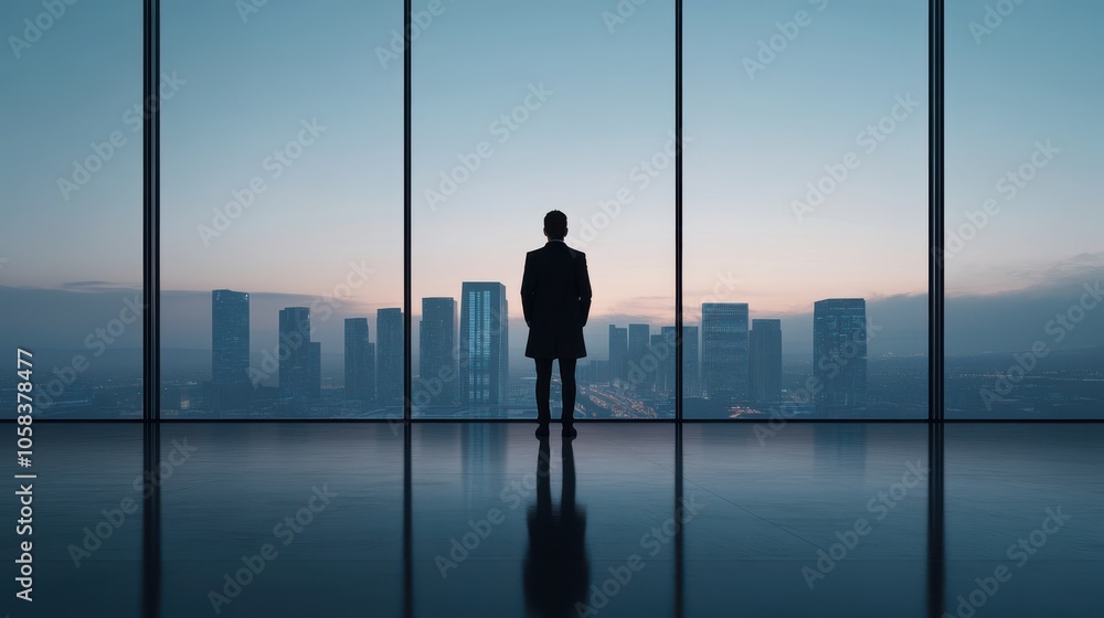 A silhouette of a person stands before a large window, overlooking a city skyline at dusk, reflecting a mood of contemplation and ambition. A silhouette of a person stands before a large window, overlooking a city skyline at dusk, reflecting a mood of contemplation and ambition.
